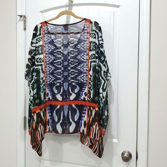 NWT Chicos Blue,Black,Rust  Shawl Poncho Size L/XL Boho Festival Spring - Picture 5 of 5